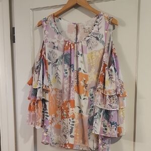 Cato Multicolor Patchwork Cold Shoulder Blouse